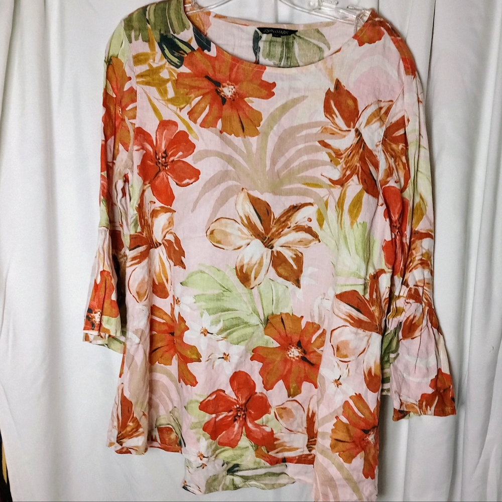 100% Linen John Mark Tropical Floral Print Ruffle Sleeves Medium Beachy Summer